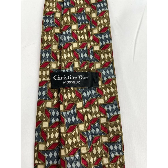 Christian Dior Monsieur Red Green Blue 100% Silk Geometric Tie Made in USA Vtg - Picture 3 of 5